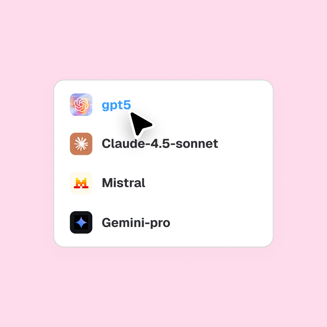Model selection showing gpt5, Claude, Mistral, Gemini