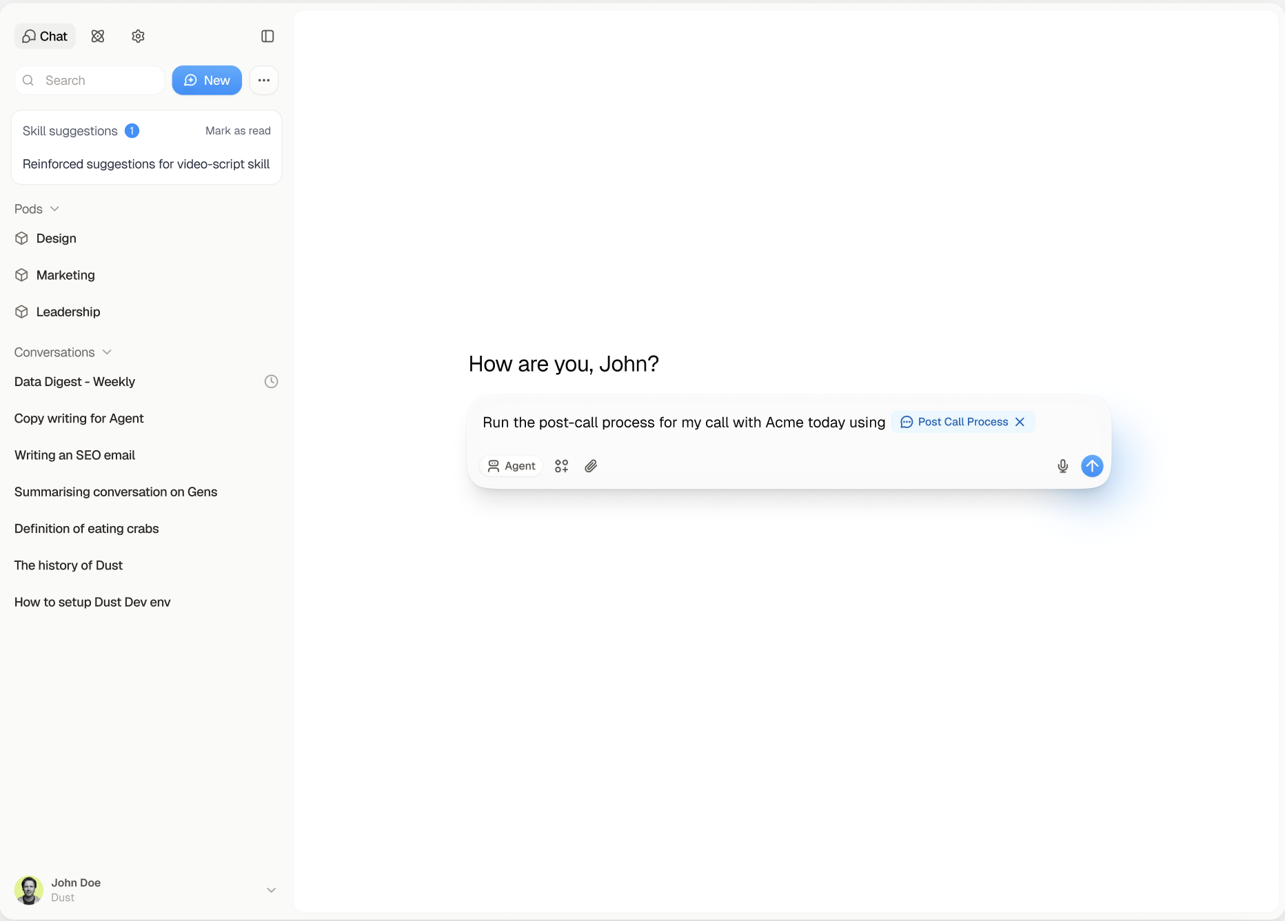 Dust chat interface with conversation history, projects, and an agent ready to help